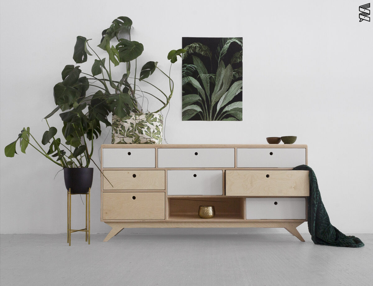 drewniana szafka rtv komoda ze sklejki plywood sklejka living room tv uunit cabinet drawers scandi