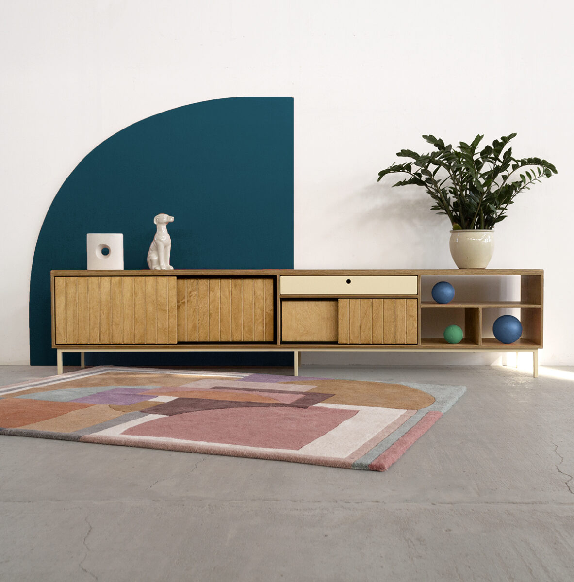szafka rtv tv cabinet loft frezowana drzwi przesuwne metal sklejka plywood lamella ryflowane grooved front living room salon