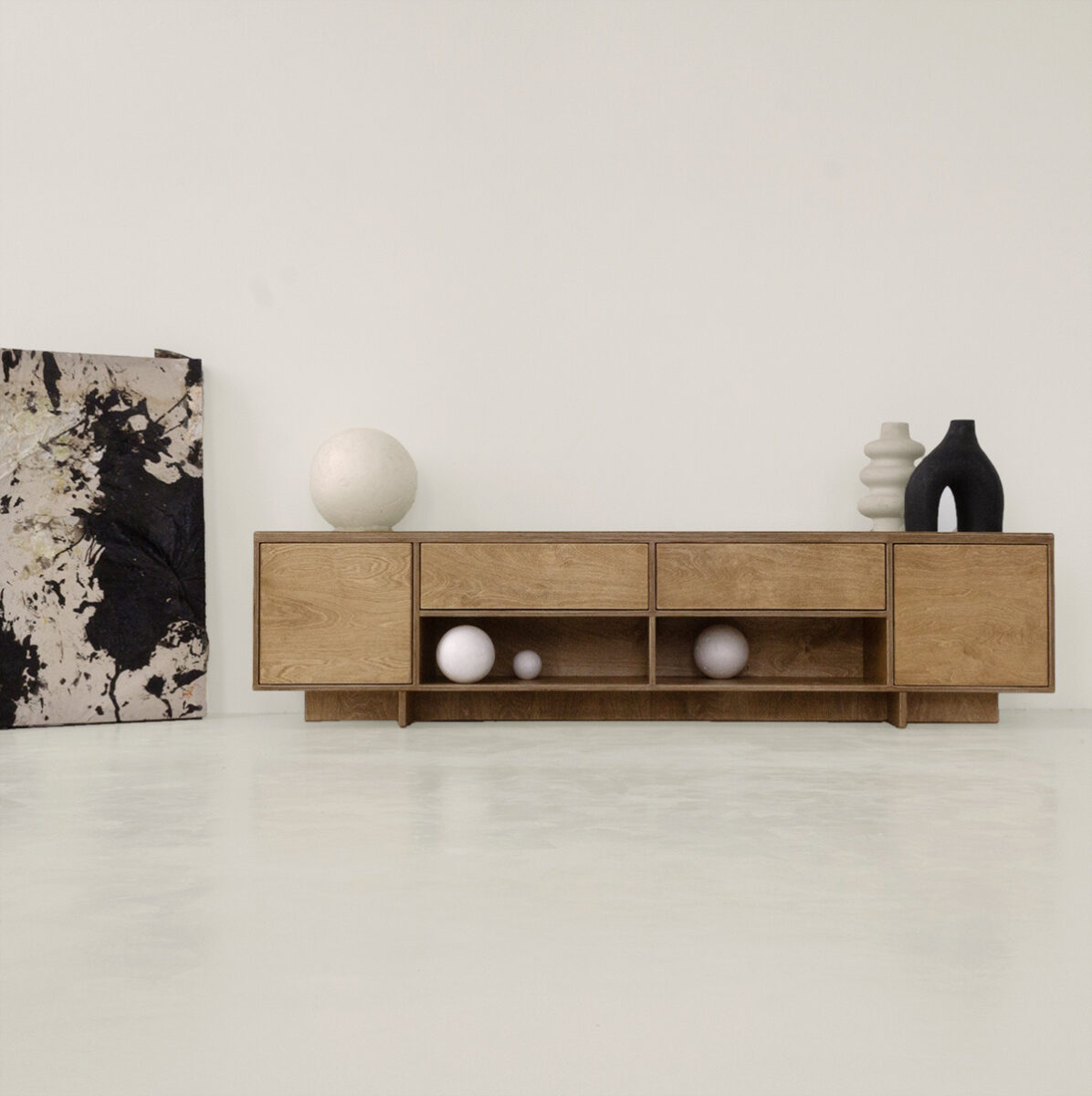 szafka rtv tv cabinet living room salon sklejka plywood japandi bauhaus minimal dąb