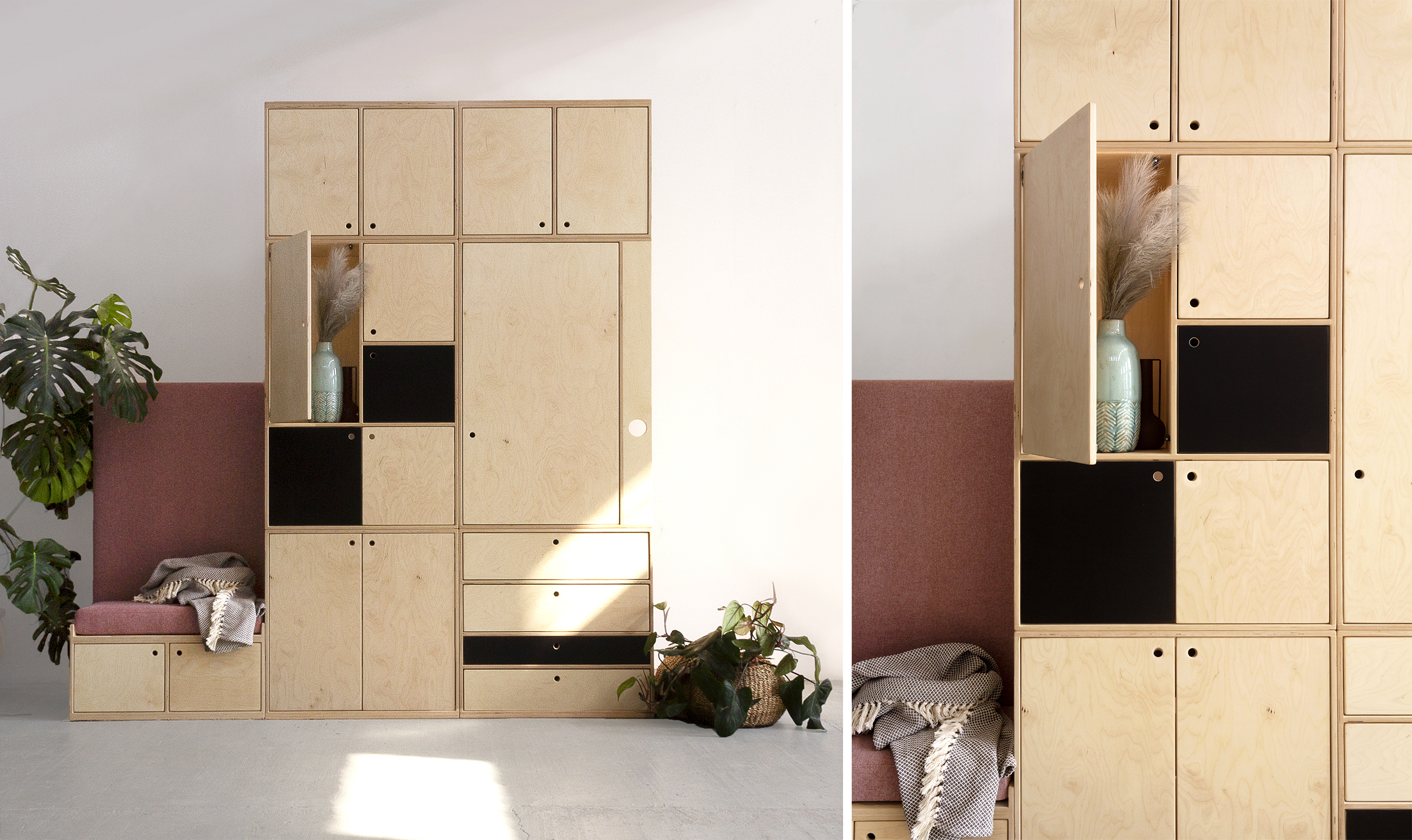 Zabudowa do przedpokoju: szafa z szafkami, półkami, drążkami i szufladami oraz siedzisko z tapicerowanym oparciem; Built-in solution for the hallway: wardrobe with cabinets, shelves, hanging rods, and drawers, along with a seating area featuring upholstered backrest. meble ze sklejki, szafa na wymiar, szafa ze sklejki, szafa modułowa, szafa scandi, szafa z szufladami, szafa z drążkiem, szafa z półkami, mocna szafa, stabilna szafa, szafy na wymiar, szafa do sypialni, szafa do przedpokoju, szafa na ubrania, duża szafa, mała szafa, średnia szafa, szafa z drewna, szafa na zamówienie, garderoba na zamówienie, garderoba na wymiar, szafa narożna, szafa pod skosem, szafa dla dziecka, szafa do pokoju dziecięcego, pawlacz, szafa design, szafa polski producent, szafa dobrej jakości, custom wardrobe, plywood wardrobe, modular wardrobe, Scandi wardrobe, wardrobe with drawers, wardrobe with hanging rod, wardrobe with shelves, sturdy wardrobe, stable wardrobe, custom wardrobes, bedroom wardrobe, hallway wardrobe, clothes wardrobe, large wardrobe, small wardrobe, medium-sized wardrobe, wooden wardrobe, made-to-order wardrobe, bespoke wardrobe, tailor made wardrobe, corner wardrobe, wardrobe for sloped ceilings, wardrobe for children, children's room wardrobe, cloakroom, designer wardrobe, Polish manufacturer wardrobe, high-quality wardrobe, plywood wardrobe, plywood furniture, ply wardrobe, sklep z szafami ze sklejki, bespoke fitted plywood bedroom wardrobe, bespoke ply wardrobes, clothing ply furniture, clothing ply storage furniture, fitted plywood furniture, interior plywood cabinetry, ply wardrobe closet, plywood furniture shop